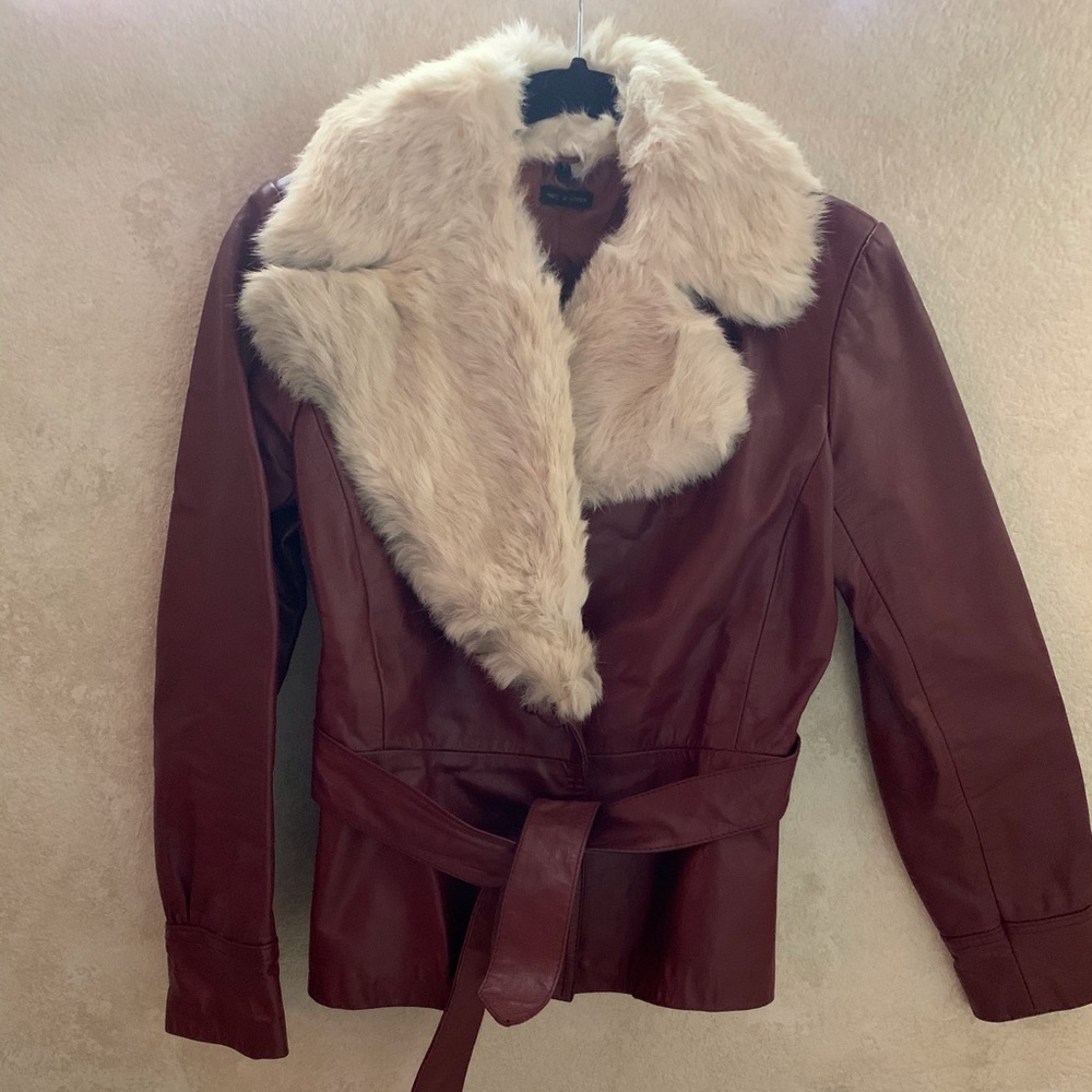 Vintage 70s Rust Leather Jacket w/Rabbit Collar